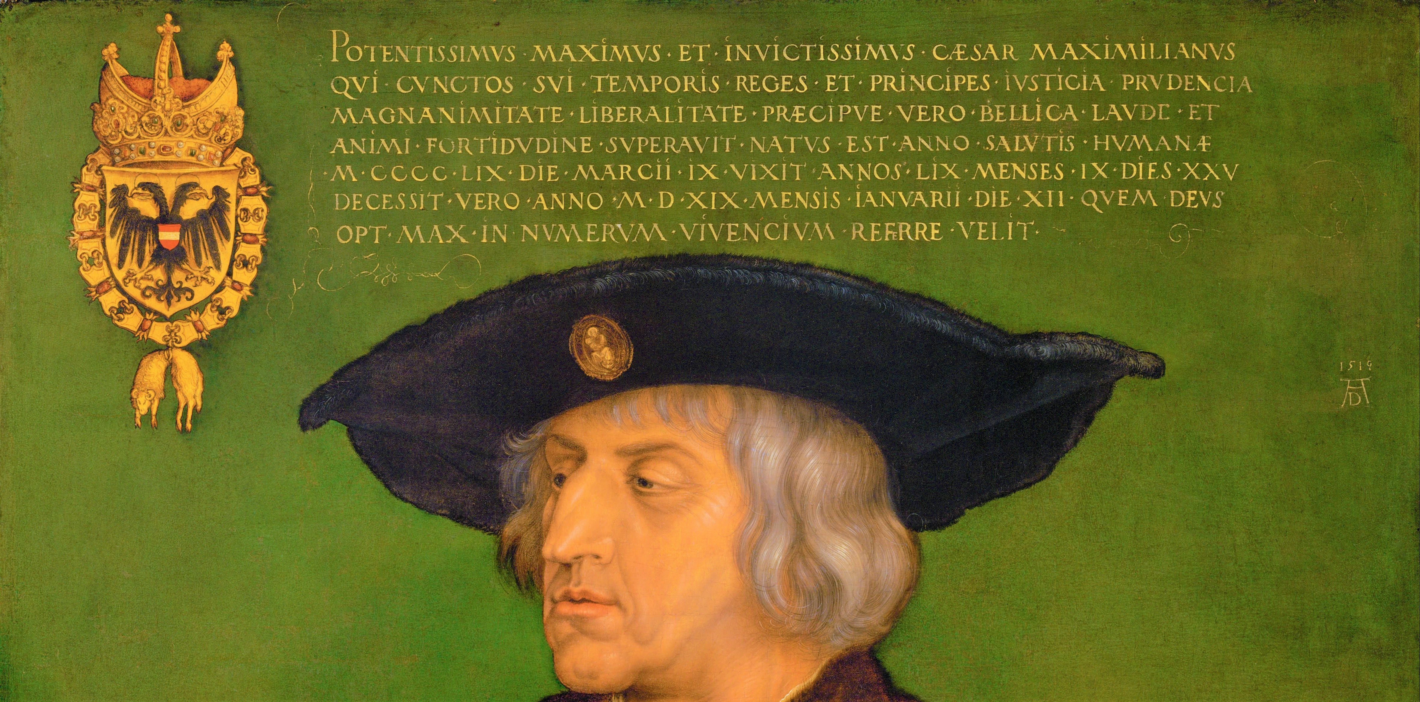 Albrecht Dürer, Kaiser Maximilian I. (Detailaufnahme), 1519 datiert, Öl auf Lindenholz,  74 x 61,5 cm, Kunsthistorisches Museum Wien, Gemäldegalerie, Inv.-Nr. 825. | Bildquelle: https://commons.wikimedia.org/wiki/Maximilianus_I,_Imperator_Romanus_Sacer?uselang=de#/media/File:Albrecht_D%C3%BCrer_-_Portrait_of_Maximilian_I_-_Google_Art_Project.jpg